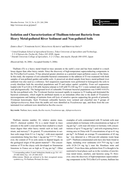 Isolation and Characterization of Thallium-Tolerant Bacteria from Heavy Metal-Polluted River Sediment and Non-Polluted Soils