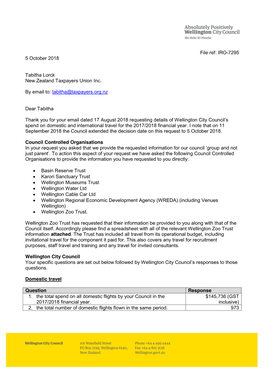 Wellington City Council’S Spend on Domestic and International Travel for the 2017/2018 Financial Year