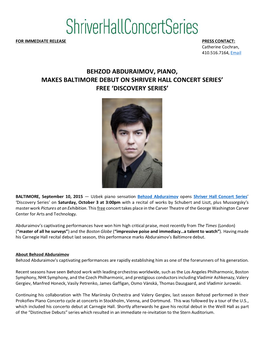 Behzod Abduraimov, Piano, Makes Baltimore Debut on Shriver Hall Concert Series’ Free ‘Discovery Series’