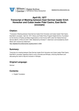 April 03, 1977 Transcript of Meeting Between East German Leader Erich Honecker and Cuban Leader Fidel Castro, East Berlin (Excerpts)