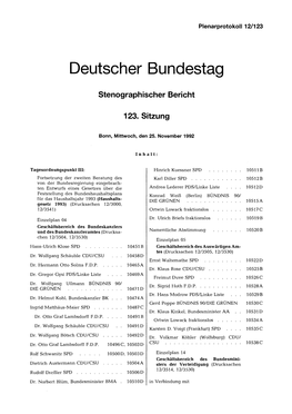 Deutscher Bundestag Stenographischer Bericht 123