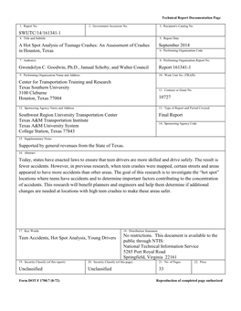 SWUTC/14/161341-1 a Hot Spot Analysis of Teenage Crashes