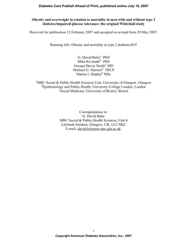 Obesity and Overweight in Relation to Mortality in Men with and Without Type 2 Diabetes/Impaired Glucose Tolerance: the Original Whitehall Study