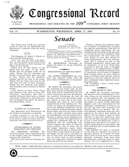 Congressional Record United States Th of America PROCEEDINGS and DEBATES of the 109 CONGRESS, FIRST SESSION