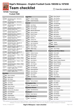 Team Checklist I Have the Complete Set 1979/80 Transimage Football 79/80