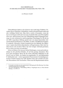 DAS OBERWALLIS in DER HELVETISCHEN VOLKSZÄHLUNG VON 1798 Von Renato Arnold Volkszählungen Haben in Der Schweiz Eine Recht Lang