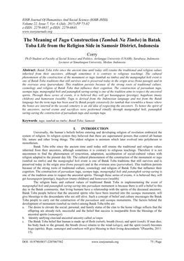 The Meaning of Tugu Construction (Tambak Na Timbo) in Batak Toba Life from the Religion Side in Samosir District, Indonesia