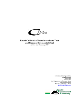 List of Californian Macroinvertebrate Taxa and Standard Taxonomic Effort Revision Date: 27 January, 2003