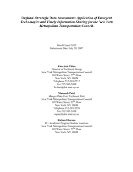 Regional Strategic Data Assessment: Application of Emergent Technologies and Timely Information Sharing for the New York Metropolitan Transportation Council