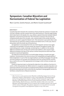 Symposium: Canadian Bijuralism and Harmonization of Federal Tax Legislation