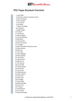 1952 Topps Baseball Checklist