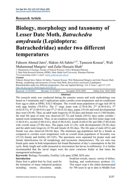 Biology, Morphology and Taxonomy of Lesser Date Moth, Batrachedra Amydraula (Lepidoptera: Batrachedridae) Under Two Different Temperatures