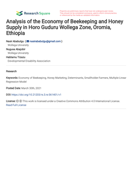 Analysis of the Economy of Beekeeping and Honey Supply in Horo Guduru Wollega Zone, Oromia, Ethiopia