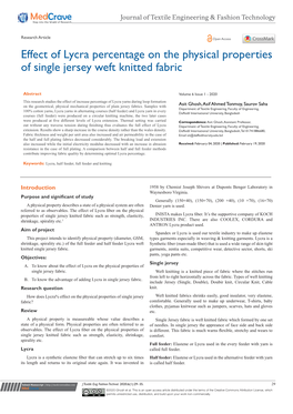 Effect of Lycra Percentage on the Physical Properties of Single Jersey Weft Knitted Fabric