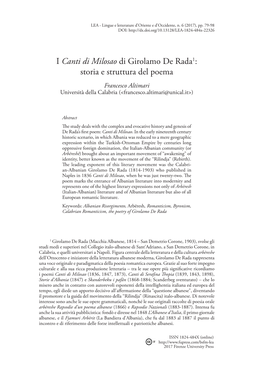 I Canti Di Milosao Di Girolamo De Rada1: Storia E Struttura Del Poema