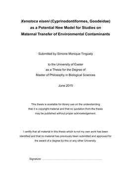 Xenotoca Eiseni (Cyprinodontiformes, Goodeidae) As a Potential New Model for Studies on Maternal Transfer of Environmental Contaminants