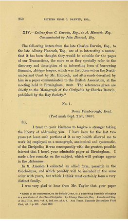 XIV.-Lettersfrom 0. Jjarwin, Esq., to A. Hancock, Esq. Communicated by John Hancock, Esq