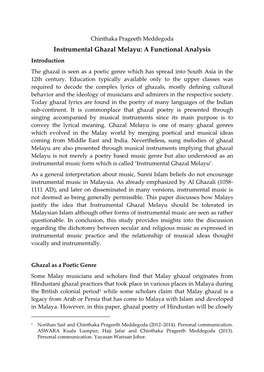 Instrumental Ghazal Melayu: a Functional Analysis Introduction the Ghazal Is Seen As a Poetic Genre Which Has Spread Into South Asia in the 12Th Century