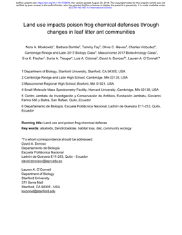 Land Use Impacts Poison Frog Chemical Defenses Through Changes in Leaf Litter Ant Communities