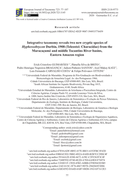 Integrative Taxonomy Reveals Two New Cryptic Species of Hyphessobrycon Durbin, 1908 (Teleostei: Characidae) from the Maracaçum