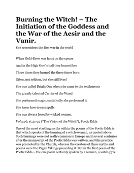 Burning the Witch! – the Initiation of the Goddess and the War of the Aesir and the Vanir