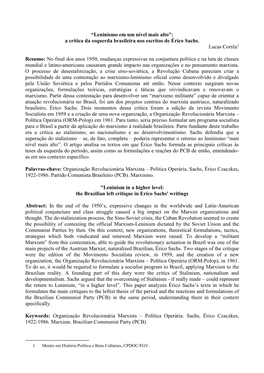 “Leninismo Em Um Nível Mais Alto”: a Crítica Da Esquerda Brasileira Nos Escritos De Érico Sachs