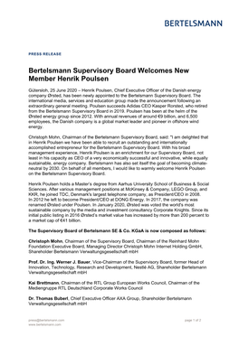 Bertelsmann Supervisory Board Welcomes New Member Henrik Poulsen