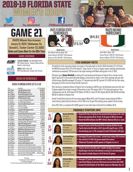 GAME 21 18-4, 6-1 RV/23 Miami Hurricanes VS January 31, 2019 | Tallahassee, Fla