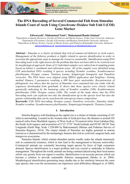The DNA Barcoding of Several Commercial Fish from Simeulue Islands Coast of Aceh Using Cytochrome Oxidase Sub Unit I (COI) Gene Marker