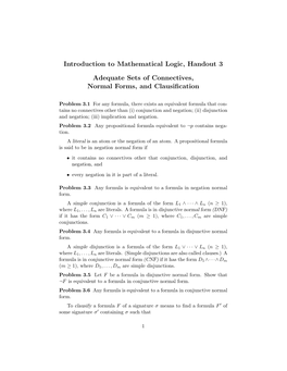 Introduction to Mathematical Logic, Handout 3 Adequate Sets Of