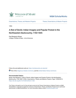 A Riot of Devils: Indian Imagery and Popular Protest in the Northeastern Backcountry, 1760-1845