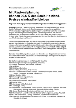 Mit Regionalplanung Können 99,5 % Des Saale-Holzland- Kreises Windradfrei Bleiben