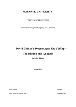 David Gaider's Dragon Age: the Calling – Translation and Analysis