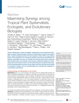 Maximising Synergy Among Tropical Plant Systematists, Ecologists, and Evolutionary Biologists Timothy R