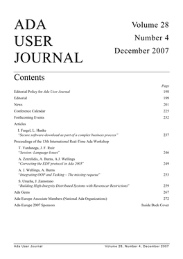 Ada User Journal 198 Editorial 199 News 201 Conference Calendar 225 Forthcoming Events 232 Articles I