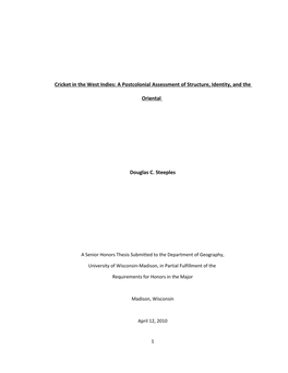 Cricket in the West Indies: a Postcolonial Assessment of Structure, Identity, and The