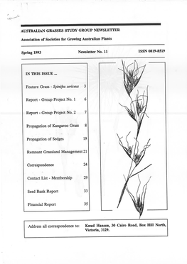 AUSTRALIAN GRASSES STUDY G R O W NEWSLE'xtfjr Association of Societies for Growing Australian Plants Spring 1993 Newsletter