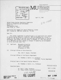 Application for Renewal of License SNM-1039,Changing User & Adding More Detailed Description of Testing Procedures