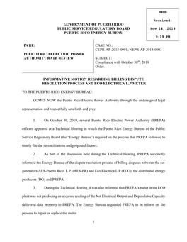 Informative Motion Regarding Billing Dispute Resolution Process and Eco Electrica L.P Meter