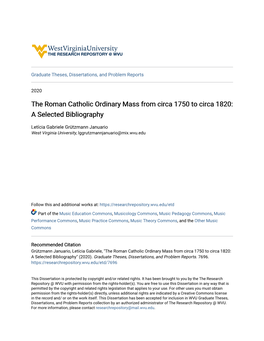 The Roman Catholic Ordinary Mass from Circa 1750 to Circa 1820: a Selected Bibliography