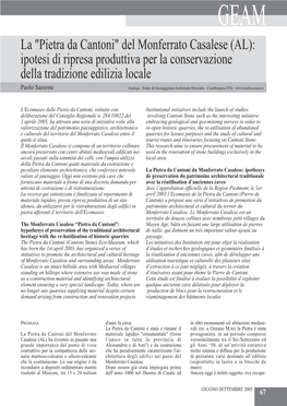 "Pietra Da Cantoni" Del Monferrato Casalese (AL): Ipotesi Di Ripresa Produttiva Per La Conservazione Della Tradizione Edilizia Locale