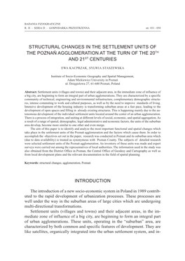Structural Changes in the Settlement Units of the Poznań Agglomeration at the Turn of the 20Th and 21St Centuries