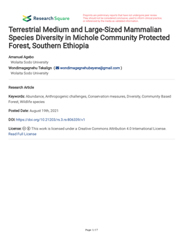 Terrestrial Medium and Large-Sized Mammalian Species Diversity in Michole Community Protected Forest, Southern Ethiopia