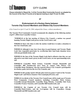 Endorsement of a Hockey Game Between Toronto City Council Members and Ottawa City Council Members