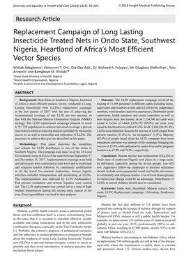 Replacement Campaign of Long Lasting Insecticide Treated Nets in Ondo State, Southwest Nigeria, Heartland of Africa’S Most Efficient Vector Species