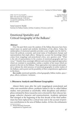 Emotional Spatiality and Critical Geography of the Balkans1