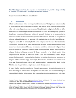 The Ahmadiyya Question, the Response of Muslim Scholars, and the (Im)Possibility of Religious Co-Existence in Contemporary Islamic Thought