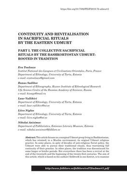 Continuity and Revitalisation in Sacrificial Rituals by the Eastern Udmurt