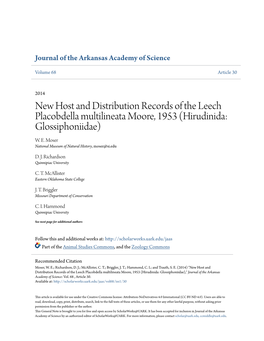 New Host and Distribution Records of the Leech Placobdella Multilineata Moore, 1953 (Hirudinida: Glossiphoniidae) W