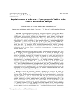 Population Status of Plains Zebra (Equus Quagga) in Nechisar Plains